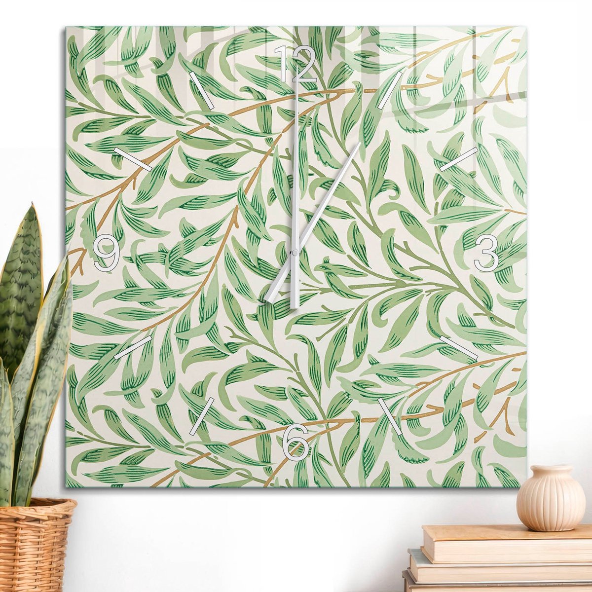 ArtPrintCave Groene Glazen Klok - 60x60 cm - Wandklok Vierkant - Plantenpatroon Wandklok Keuken - Natuur Unieke Klok - Witte Klokwijzers