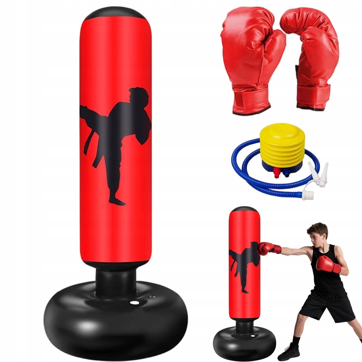Opblaasbare Boksbal voor Kinderen - Staande Bokszak 160 cm - Verzwaarde Vulbare Voet - Zacht PVC - Inclusief Kinder Bokshandschoenen en Pomp - Voor Binnen en Buiten - 3-12 Jaar