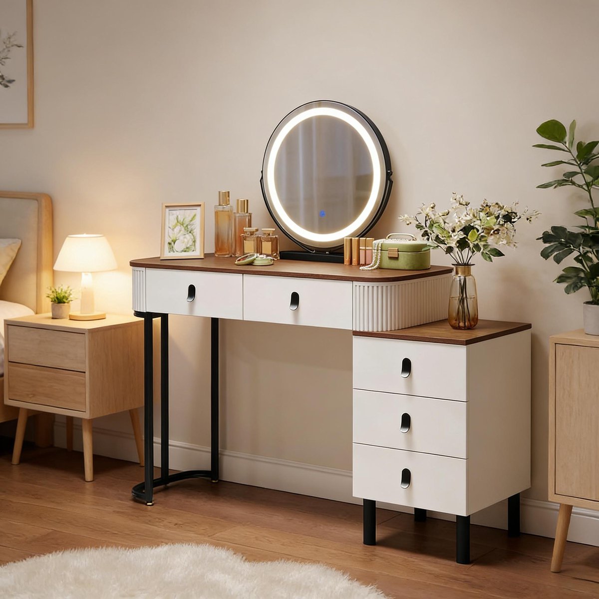 Zubaliya Kaptafel met LED-spiegel en 5 lades - bruin en wit - 100 x 40 x 125 cm