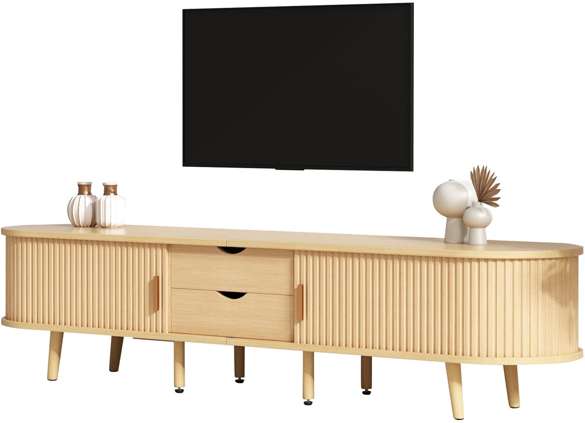 Merax Televisiemeubel - 2 Laden en 2 Schuifdeuren - Afgeronde Vorm - Lichte Houtkleur - 170 x 40 x 42 cm Beige