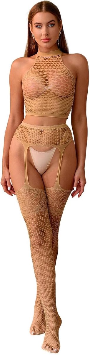 Dames lingerie visnet set kant jarretelgordel kousenbanden + bovendeel holle body net nachtkleding party base vrije maat ondergoed set