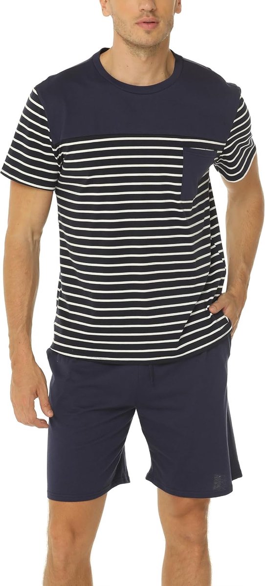 Korte Pyjama Gemaakt van Katoen Contrasterend Streepontwerp Zomer Pyjama Heren Ronde Hals Korte Mouw Top en Pyjamabroek met Zak Nachtkleding Huispak Nachtkleding