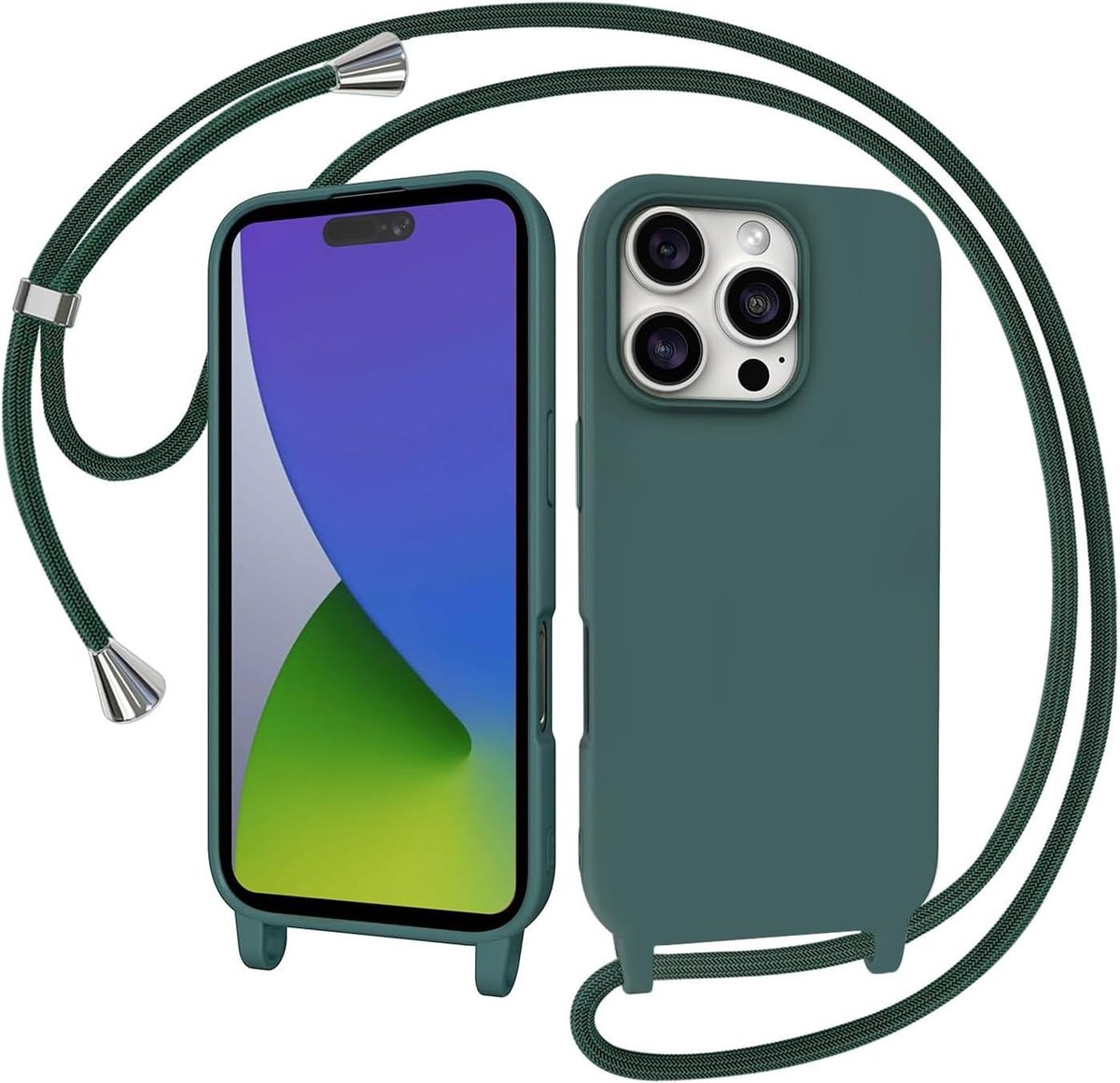 Beschermhoesje voor iPhone 16 Pro met trekkoord, beschermhoes met band, halsketting, schouderriem, vloeistof, siliconen, schokbestendig, krasbestendig, case - groen