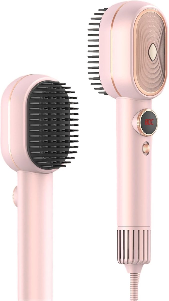 Stijlborstel - 2-in-1 Föhnborstel en Stijlborstel - Met Temperatuur Display - Ionische Warmeluchtborstel - Snelle Droogborstel met Magnetisch Filter - Voor Pluisvrij Haar en Reizen - Roze