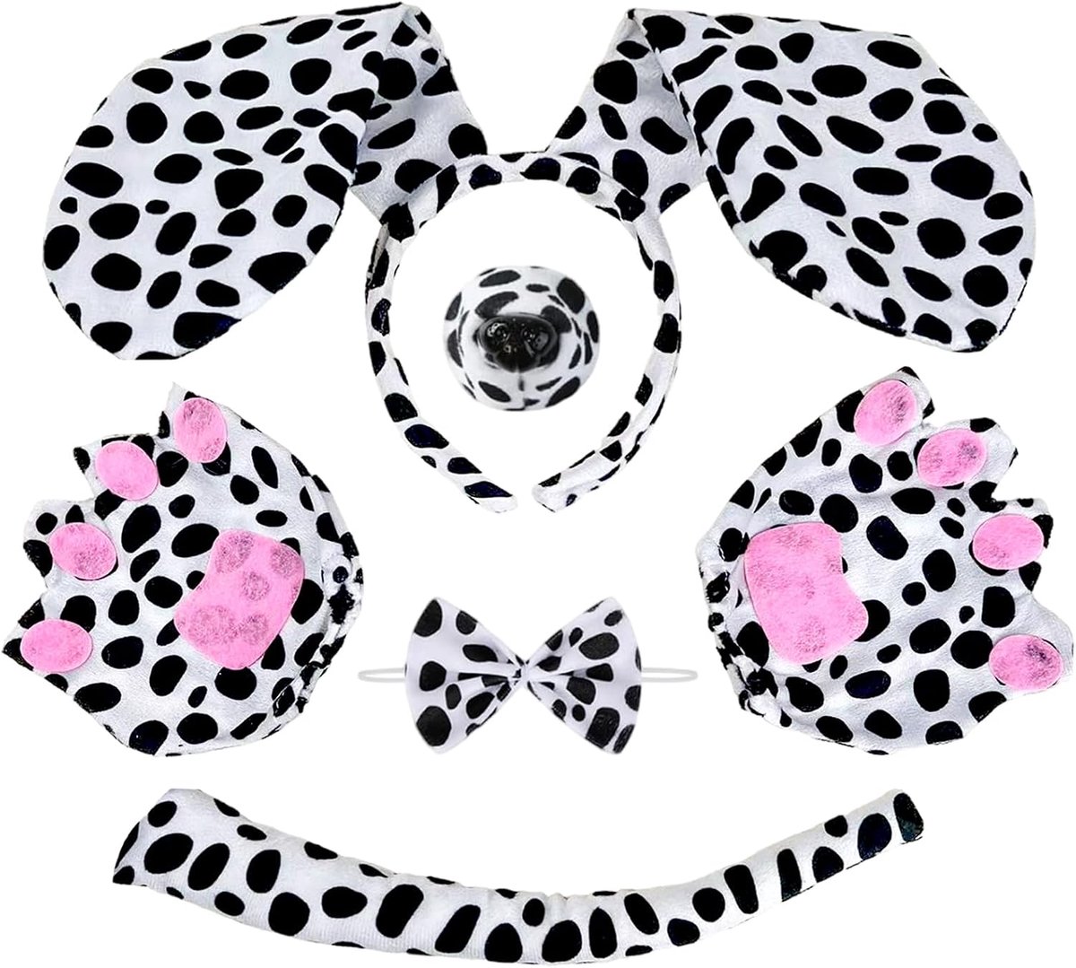 5-delige teckel hondenset, inclusief gevlekte hondenneus, oren, staarthandschoenen, vlinderdas, verkleedkleding voor volwassenen en kinderen, carnaval, Halloween