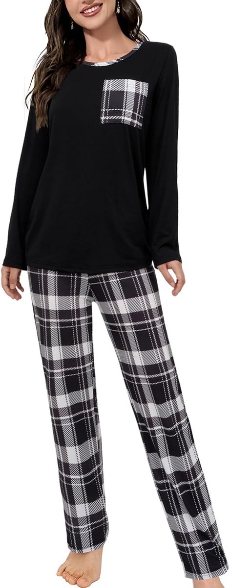 Pyjama voor dames, lange kerstpyjamaset, winter, tweedelige lange mouwen, nachtkleding en geruite pyjamabroek, loungewear, homewear, voor dames, behaaglijk huispak, vrijetijdspak