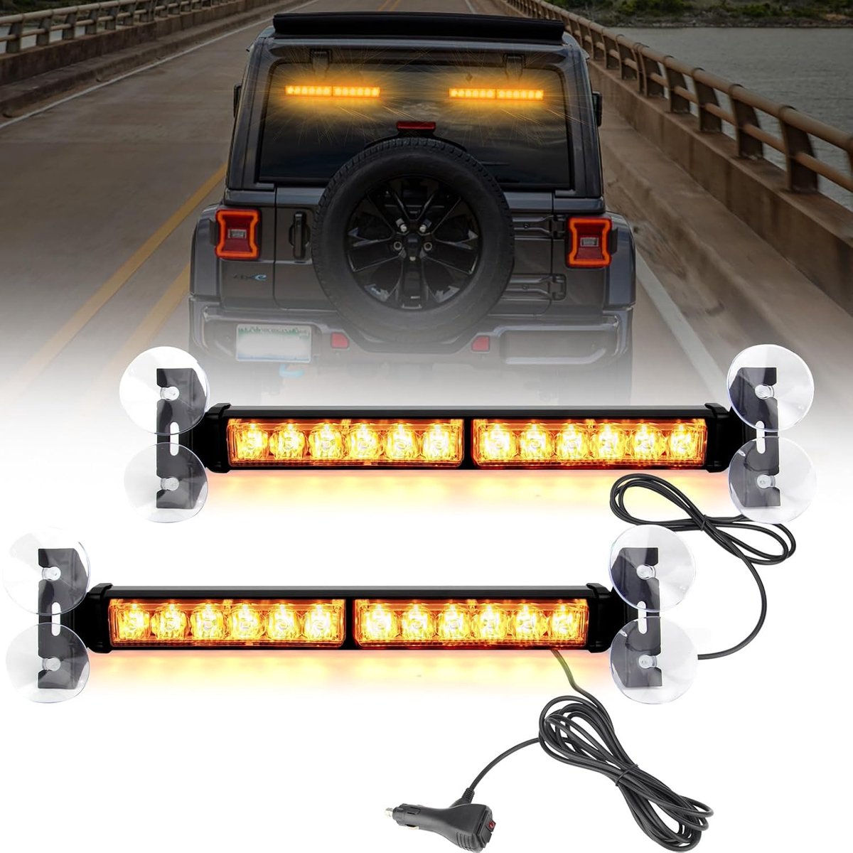 Stroboscooplichten voor voorruit, 24 leds, 2 x 12,4 inch, stroboscooplichten, knipperlichten, 23 modi, voor auto's, vrachtwagens, bestelwagens (Amber)