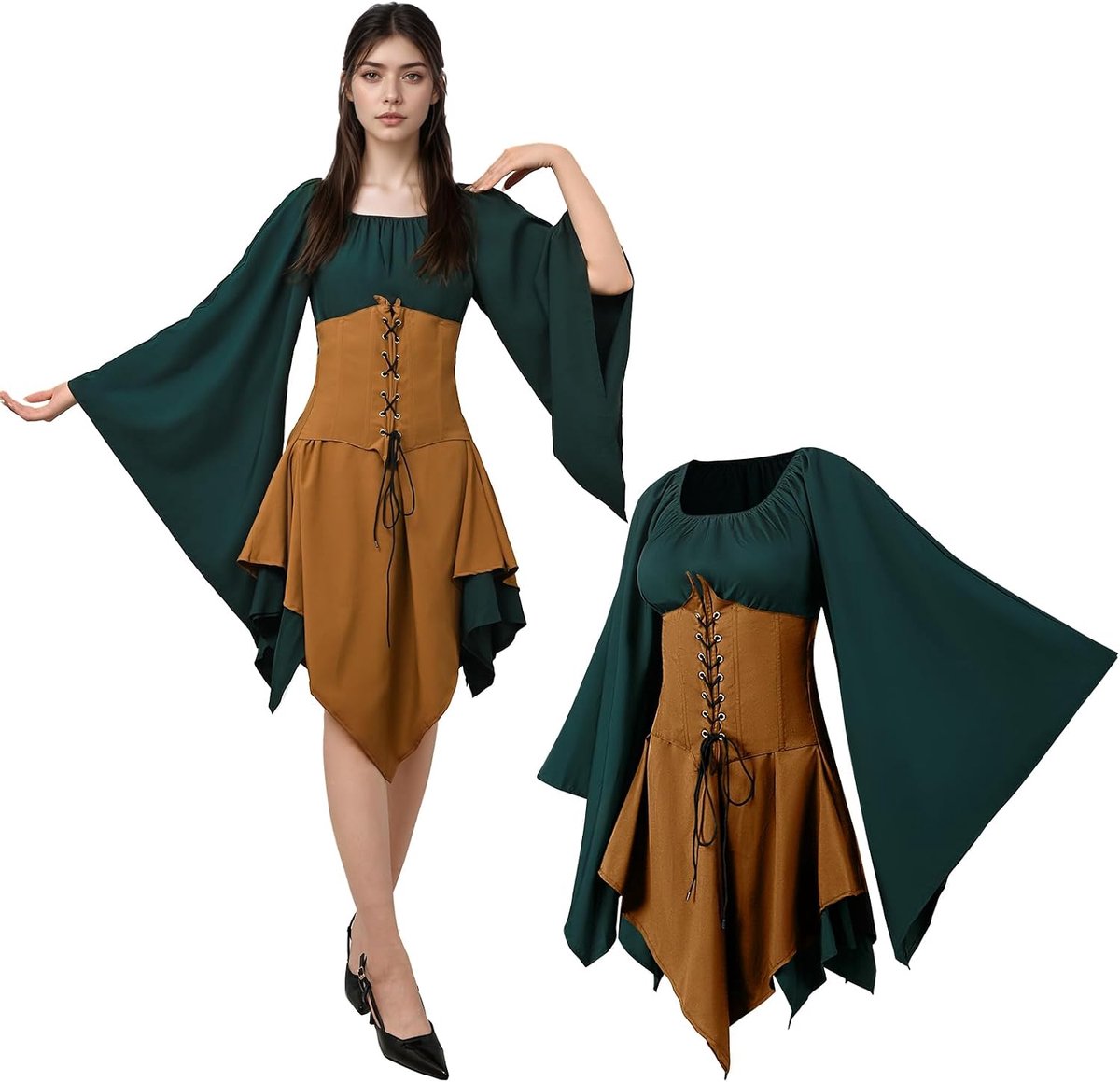 Jurk met trompetmouwen, traditionele Ierse jurk voor dames, renaissance-elfenkostuum, gothic-kleding voor carnaval, cosplay, Halloween, feest