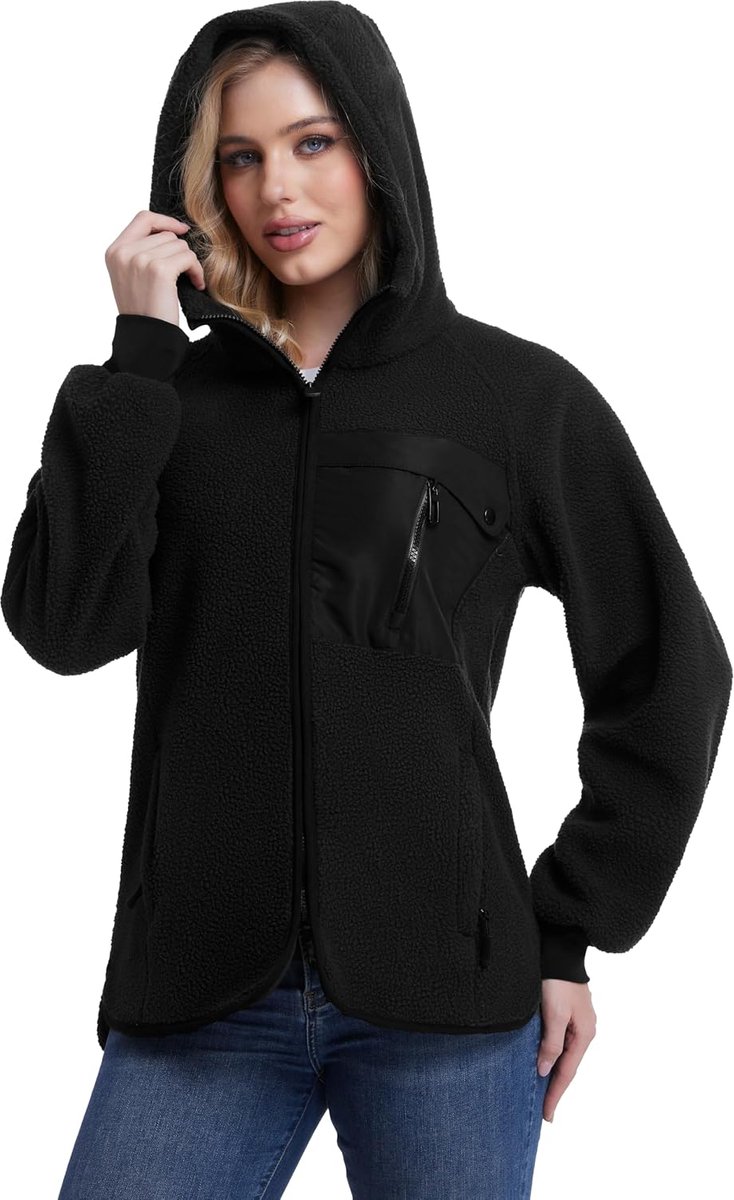 Fleecejas met Capuchon Warme Polar Fleece Jas Winter Full Zip Hoodie Winddichte Winterjas voor Outdoor Hardlopen Wandelen Skiën FS5563W-Black-L