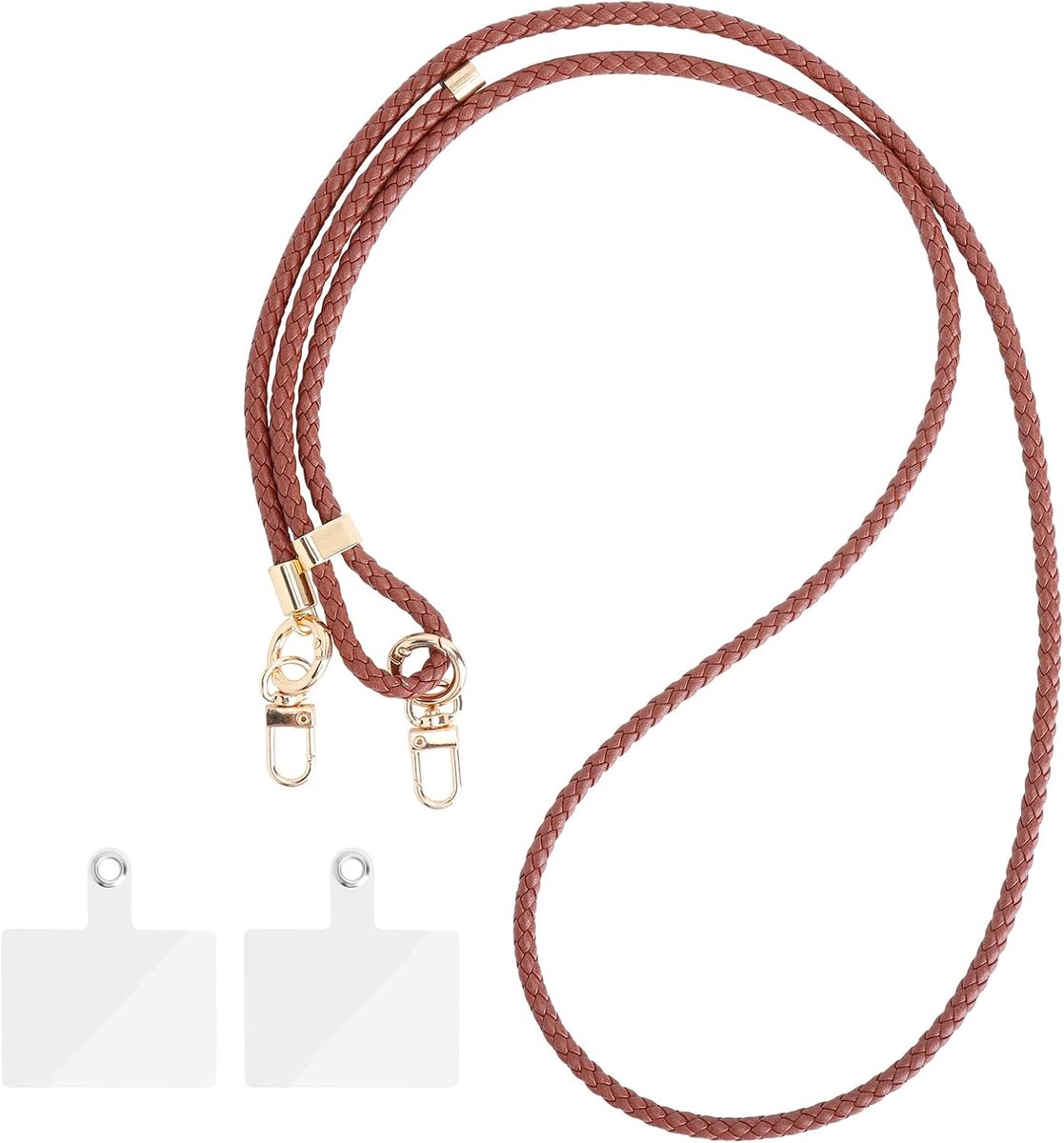 Telefoonketting om om te hangen met verstelbare gevlochten crossbody-band, 2 transparante patches, telefoonbandhouder voor hoesjes, compatibel met iPhone, Samsung, Huawei, bruin