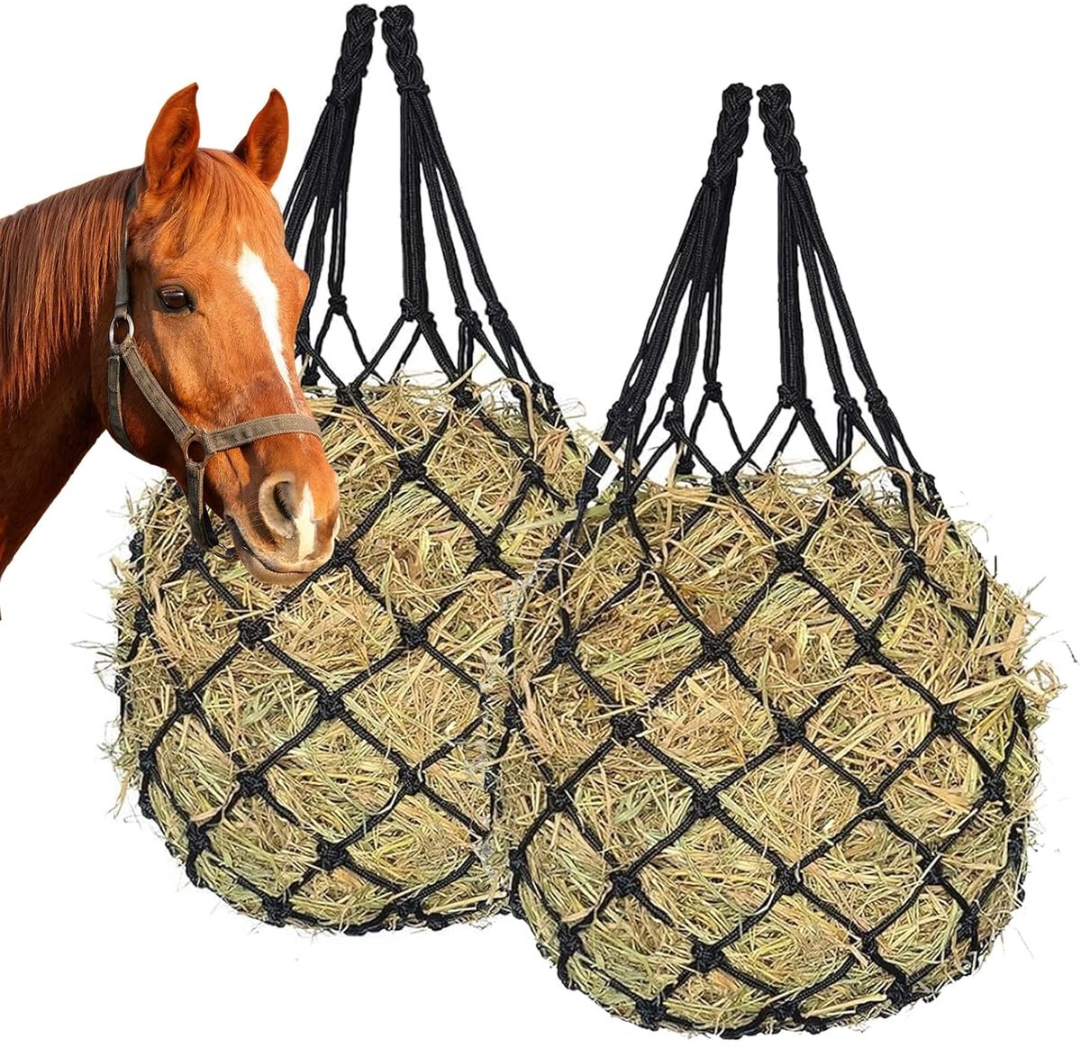 Hooiennet voor paarden, fijnmazig, 5 x 5 cm, draagbaar, duurzaam en robuust, vermindert voederverspilling en minimaliseert voedselverspilling, 2 stuks