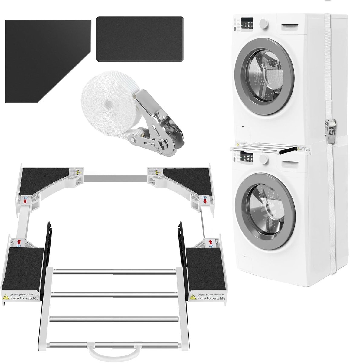 Tussenbouwframe voor wasmachine en wasdroger, verbindingsframe, 46-72 cm, universeel tusseninbouwframe voor wasmachines en drogers, met 6 m veiligheidskabel, met uittrekplaat
