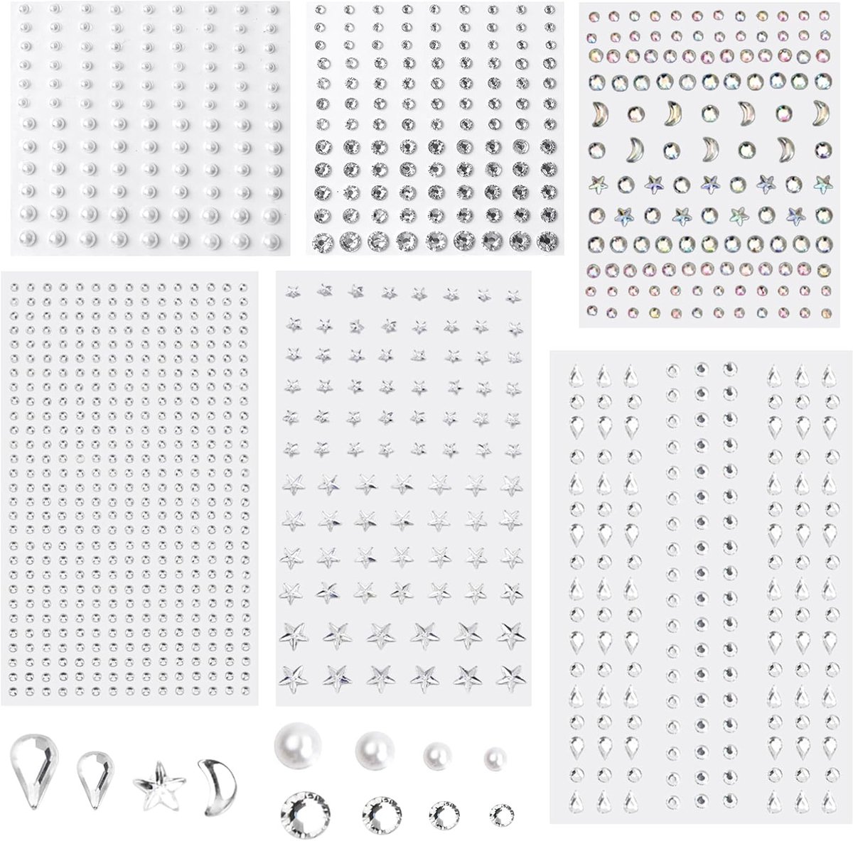 Strassteentjes, gemengde 3-6 mm, kleurrijke zilveren strassteentjes, maan, sterren, waterdruppels, rond, voor gezichtsmake-up, nageldecoratie, vakantiemake-up, 1152 stuks