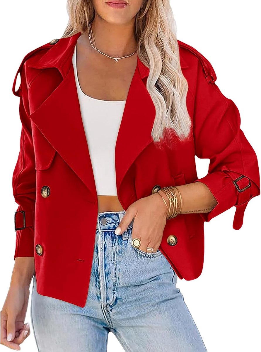 Gabardine voor dames, lange mouwen, casual, los, dubbele rij, korte jas, met zakken