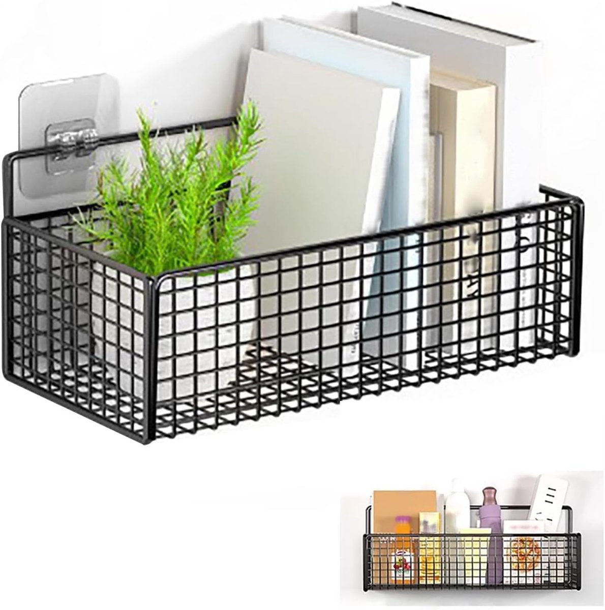 Set van 2 zelfklevende manden om aan de muur op te hangen, kastdeurorganizer, zelfklevende draadmand zonder boren voor opslag, voorraadkast