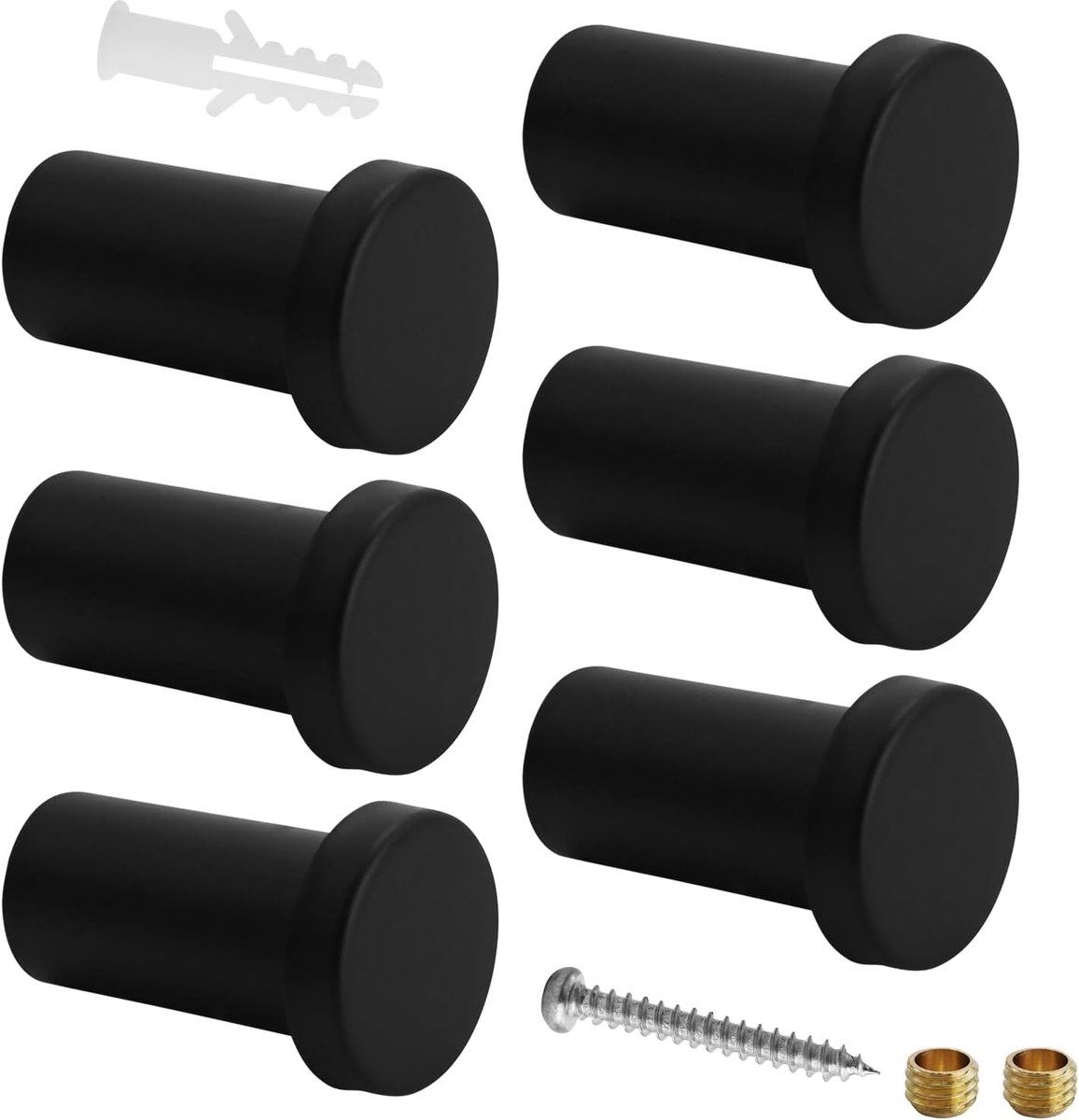6 stuks handdoekhaken, zwart, zwarte haken, 35 mm, garderobehaken, mat zwart, met bevestigingsschroeven voor het ophangen van kleding en alledaagse voorwerpen in keuken en slaapkamer