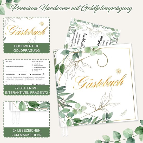 Gastenboek bruiloft met vragen om in te vullen, bruiloft gastenboek met pennen voor gastenboek bruiloft en stickers, bruiloftsgastenboek met 2 aanwijzingsborden, 72 gastenvermeldingen, elegante — afbeelding 3