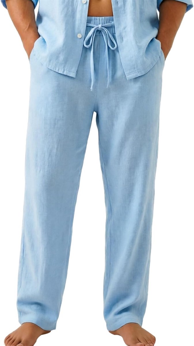 Broek voor heren, lang, licht, zomerbroek, casual, met trekkoord, strandbroek, casual, losse pasvorm