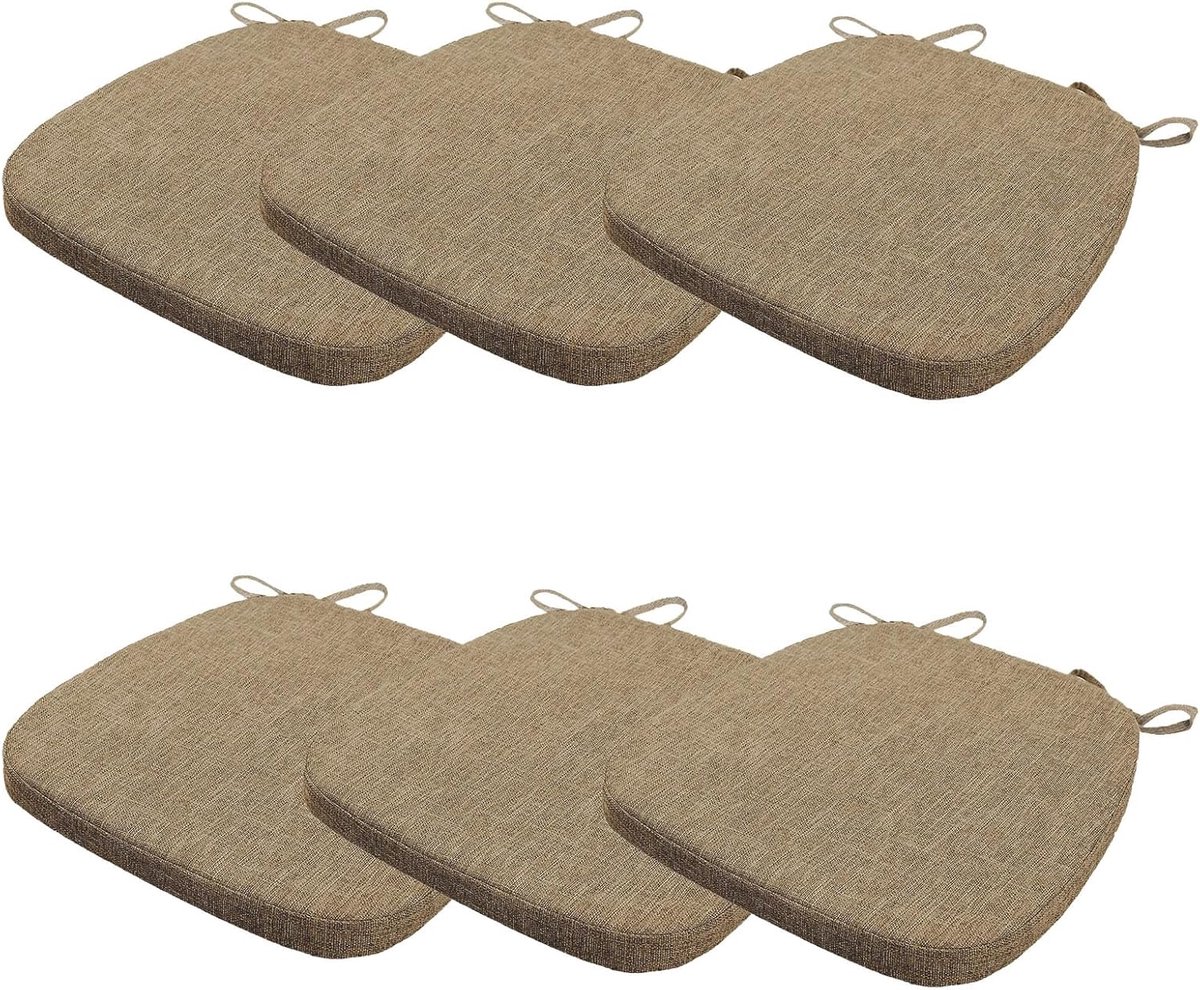 Set van 6 stoelkussens, 40 x 38 x 3 cm, met banden, wasbaar zitkussen, antislip, afneembare overtrek met ritssluiting, ideaal voor thuis, kantoor, keuken, eetkamer, lichtbruin