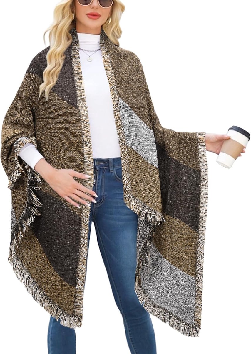 Heekpek Oversized sjaal voor dames en meisjes, lang, dekenstof, mantel, winter, met franjes en spitse uiteindes, sterren, bruin, Eén maat