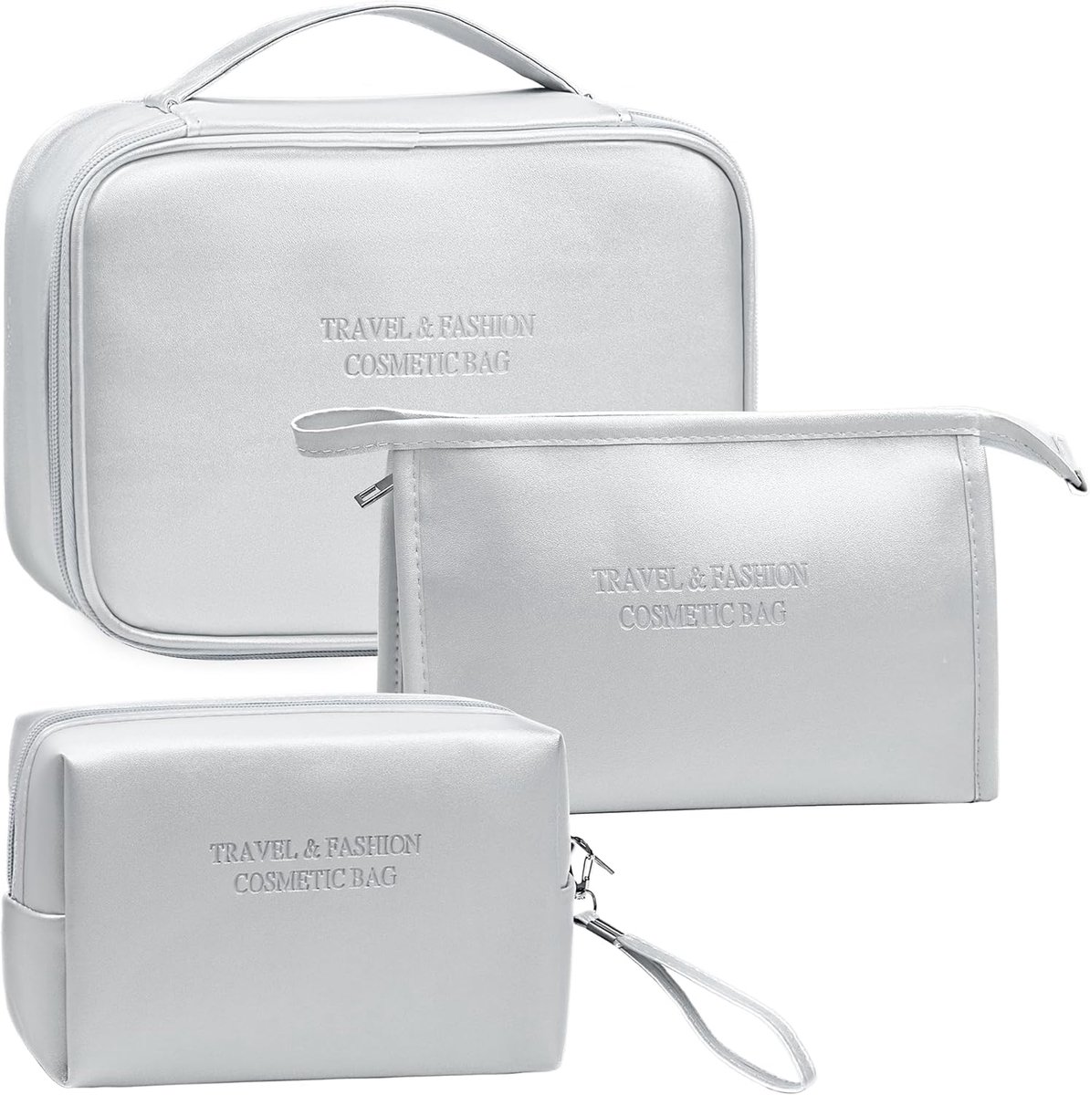 3-delige set Cosmetische Tassen voor Dames, Draagbare Reis Make-up Tas, PU Waterdichte Make-up Tas, Toilettas voor Dames, zilverkleurig.