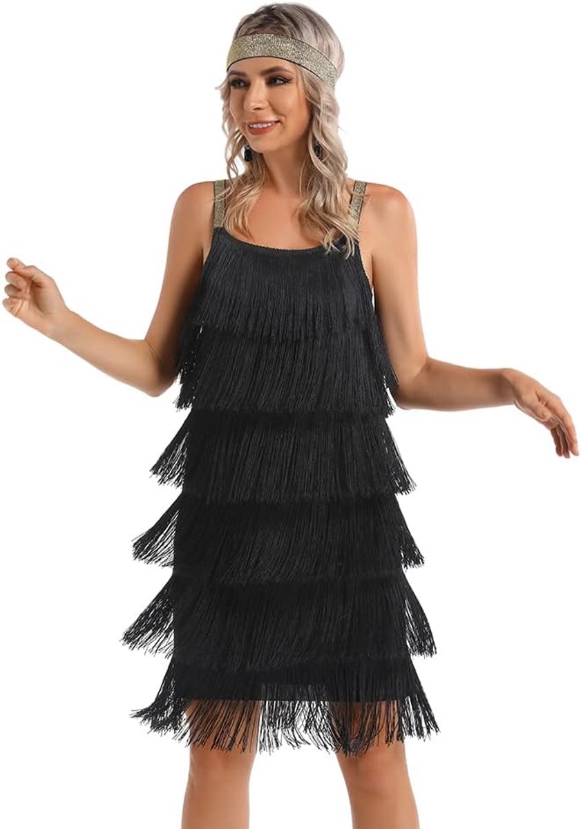 Gatsby flapper spaghettijurk met kwastjes voor dames, 20s elegante mini-jurk, feestaccessoire COSTUME OUTFIT (XL, zwart)