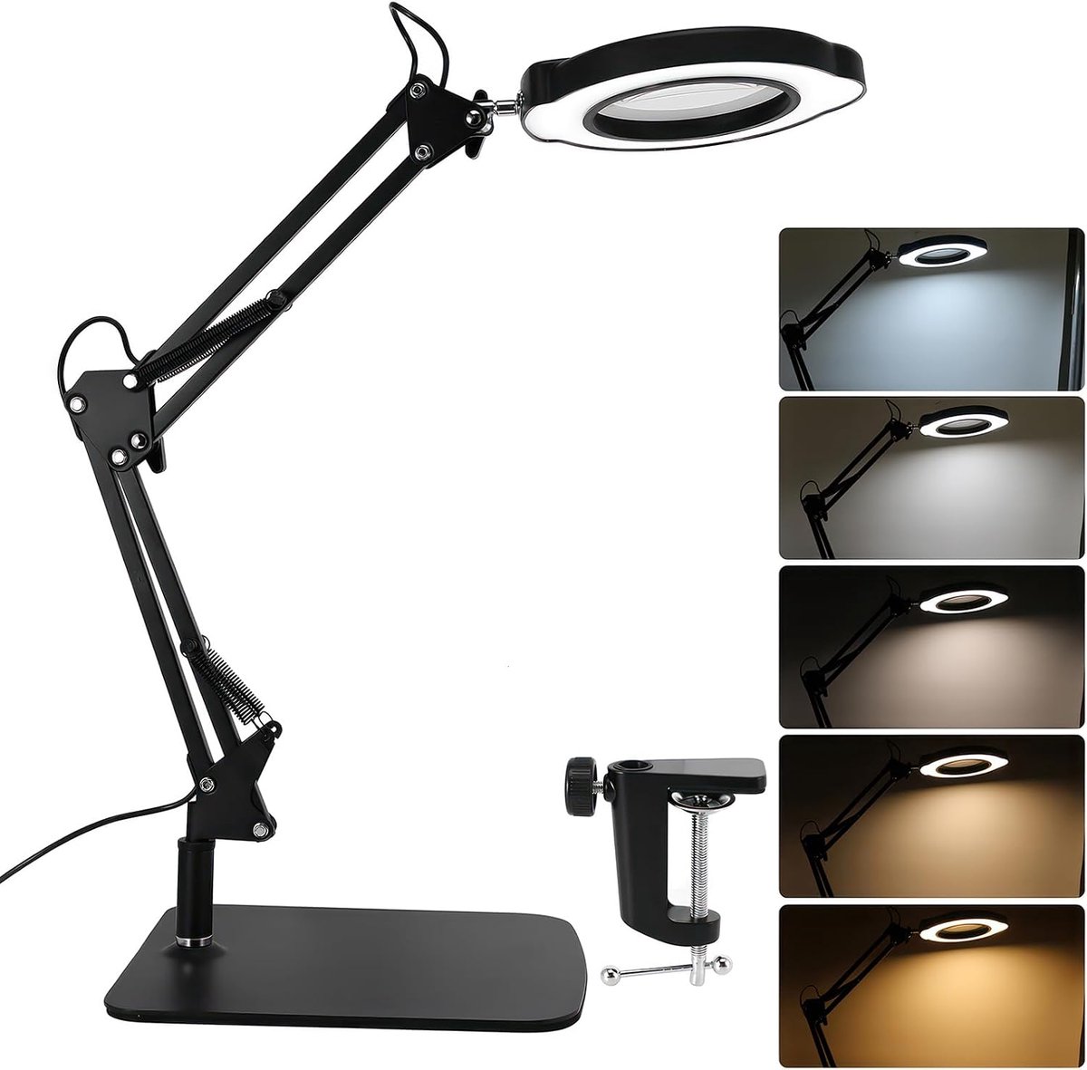Vergrootglas met licht en standaard, 10 x vergrootlamp met licht, 5 kleurmodi, traploos dimbaar, tafelvergrootglas met verlichting, grote basis vergrootglas met lamp voor lezen, knutselen, hobby's en