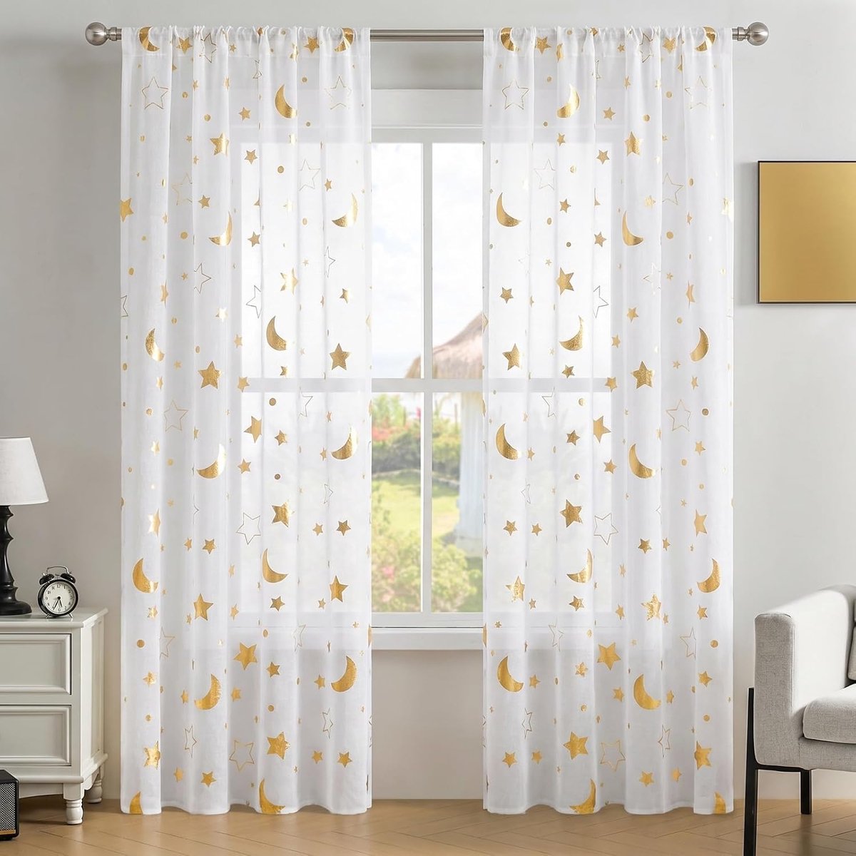 Vitrage met gouden sterren en maan, tunnelzoom, 140 x 220 cm, 2 stuks