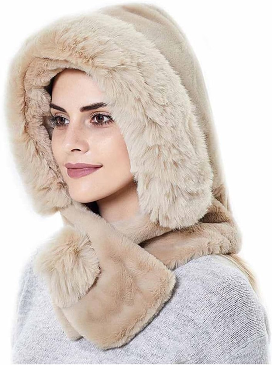 Capuchonsjaal, 2-in-1 wintermuts, sjaal, set bontmuts en loopsjaal met pluche ballen, winddichte oorkleppen met oorsjaal, thermische sjaalmuts voor dames, fietsen, skiën