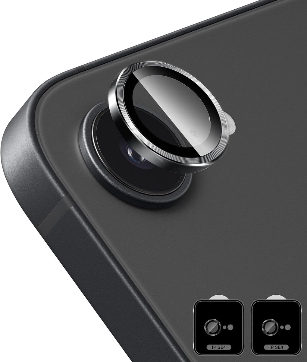 Camerafolie voor iPhone 16E 5G, 9H gehard glas, individuele metalen ring, HD helder, 2 sets (zwart)