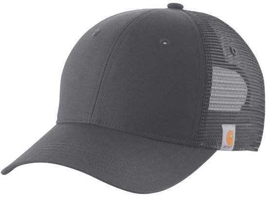 Grijze Carhartt canvas trucker pet met mesh panelen en een geborduurd logo.