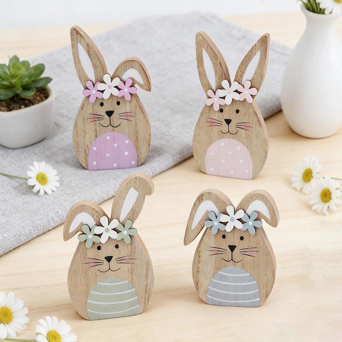 4 stuks houten paashaas decoratie voor lente en paasdecoratie, paasdecoratie, houten haas, standaard, voor binnen en buiten, tafeldecoratie, tuin, Pasen, lentedecoratie