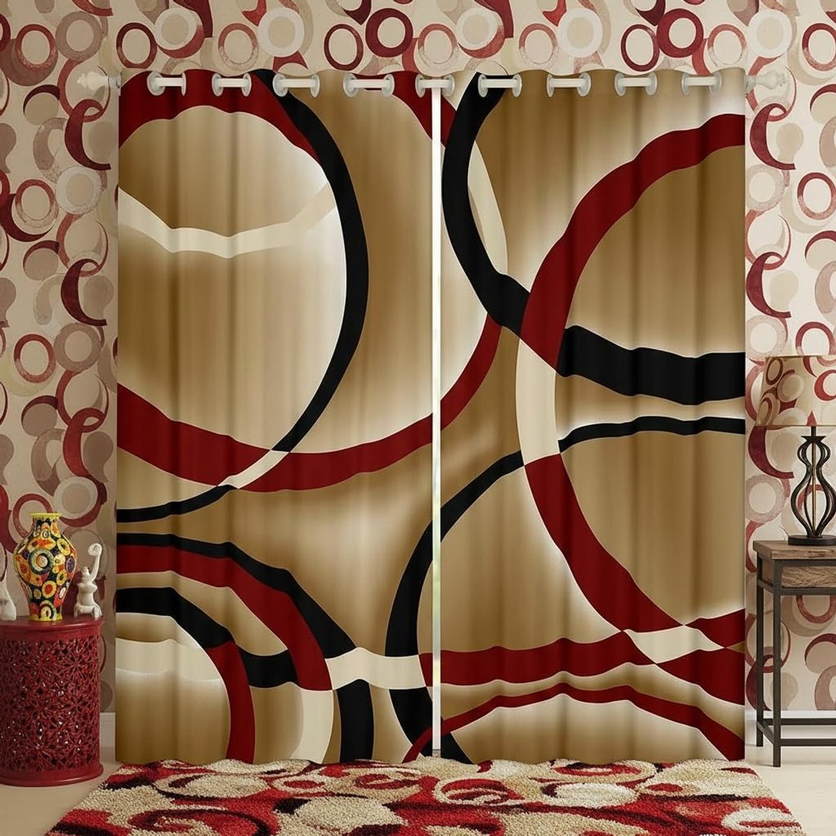 Cirkelgolven raamgordijnen, M maat vintage abstracte strepen schaduw woondecoratie moderne retro stijl raamgordijnen 2 panelen voor jongens