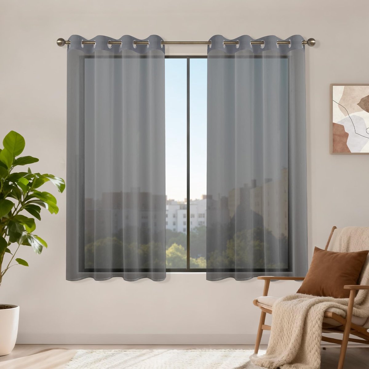 Gordijnen met oogjes 2-delige set, H 160 x B 140 stores gordijnen donkergrijs transparant, gordijnen doorzichtig, oogjesgordijn kort lusgordijn voor slaapkamer woonkamer keuken sheer