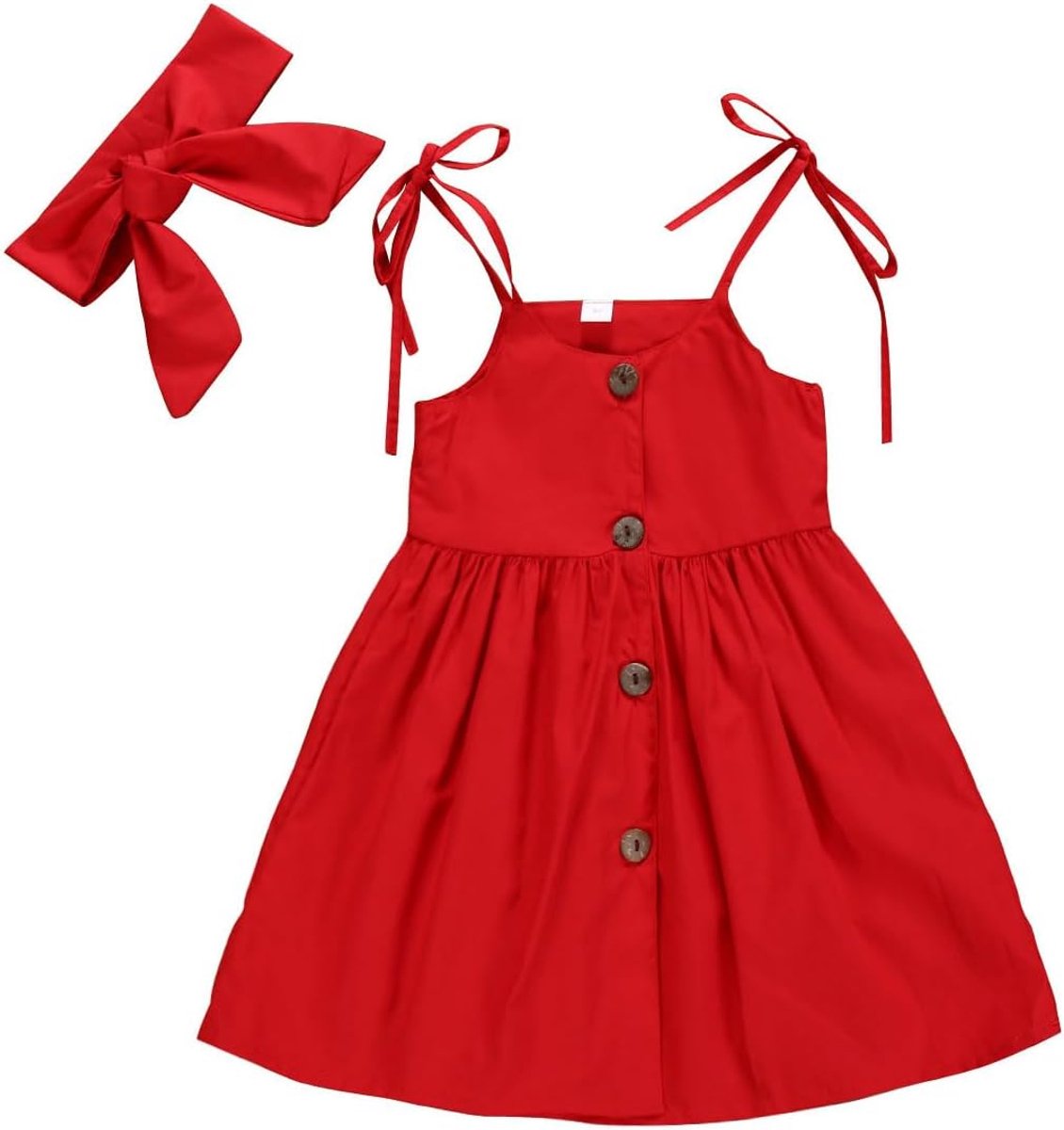 Knopenjurk voor Pasgeboren Babymeisjes, Mouwloze Prinsessenjurk met Bretels en Verstelbare Schouderbandjes + Strikhoofdband voor Fotoshoots en Verjaardagen, 1-7 Jaar, Rood/Geel