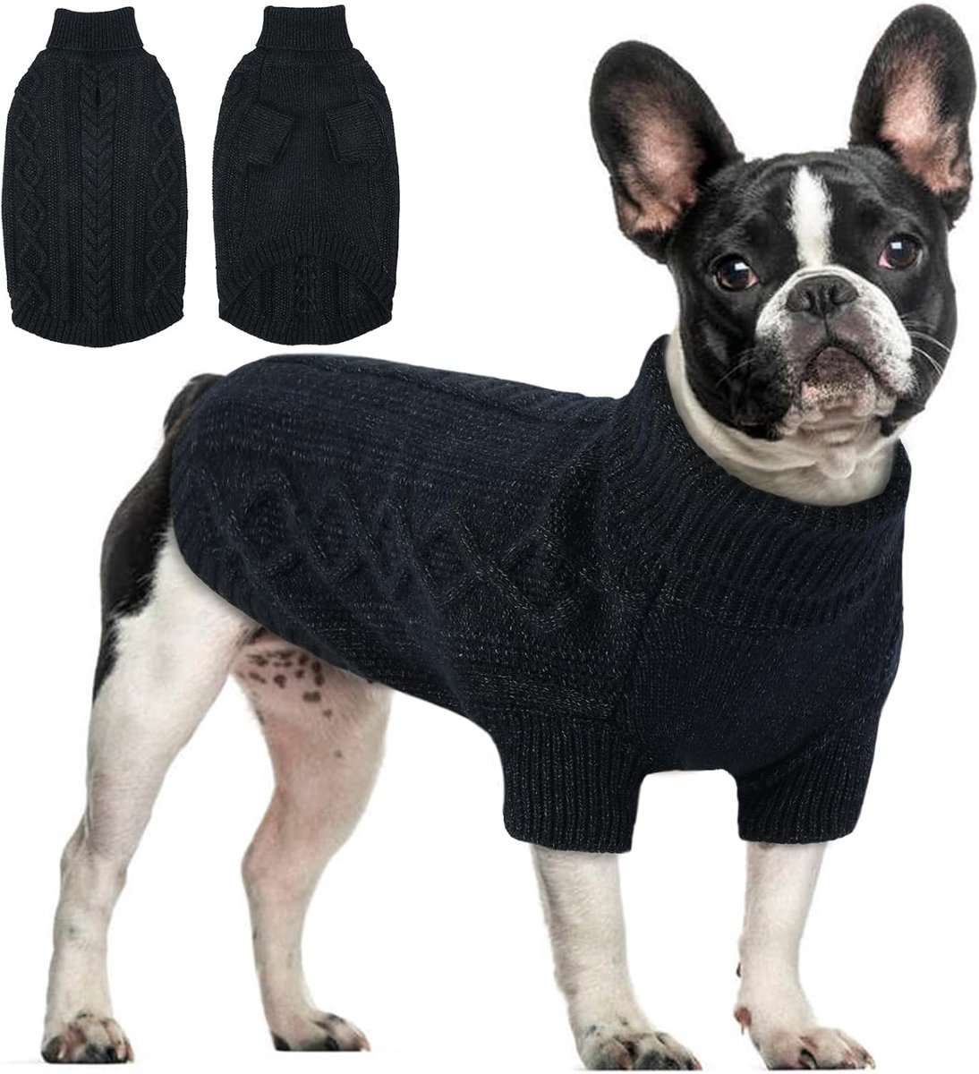 Middelgrote maat, eenvoudig en elegant, warme trui voor honden met gat voor borstharnas, thermisch shirt voor Franse bouledogue (zwart, M)