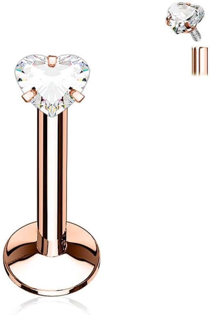 Piercing met hartvormige zirkonia, binnendraad, 316L, lippiercing, oorpiercing, steker van chirurgisch staal