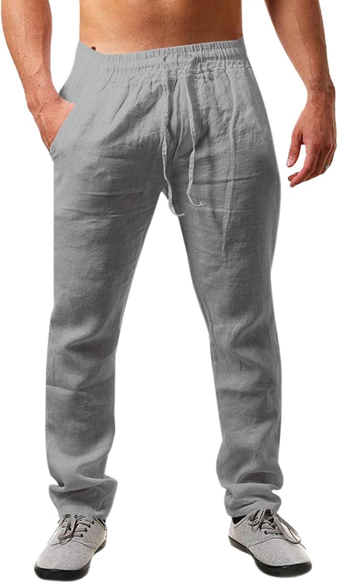 Linnen herenbroek, effen, lang, licht, zomerbroek, losse pasvorm, vrijetijdsbroek met trekkoord, voor vakantie, strand, dagelijks gebruik