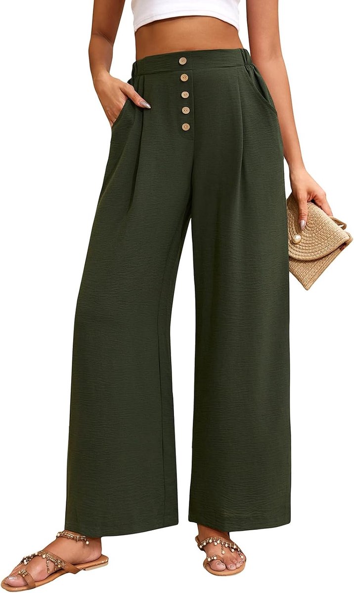 Heekpek Dames wijde pijpen broek dames lichtgewicht lounge broek knoop hoge taille zomer palazzo broek elastische taille casual broek met zakken
