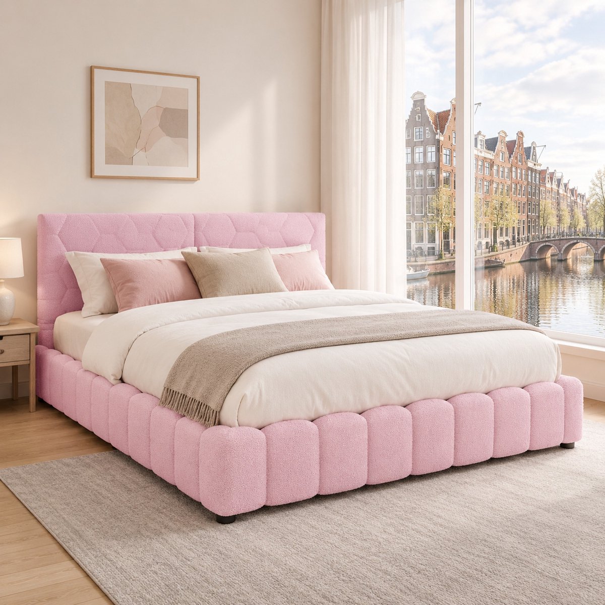 WUVRIE Dagbed 140x200 cm met lattenbodem, hydraulische opbergruimte, LED en USB/Type-C, zonder matras, roze Pink