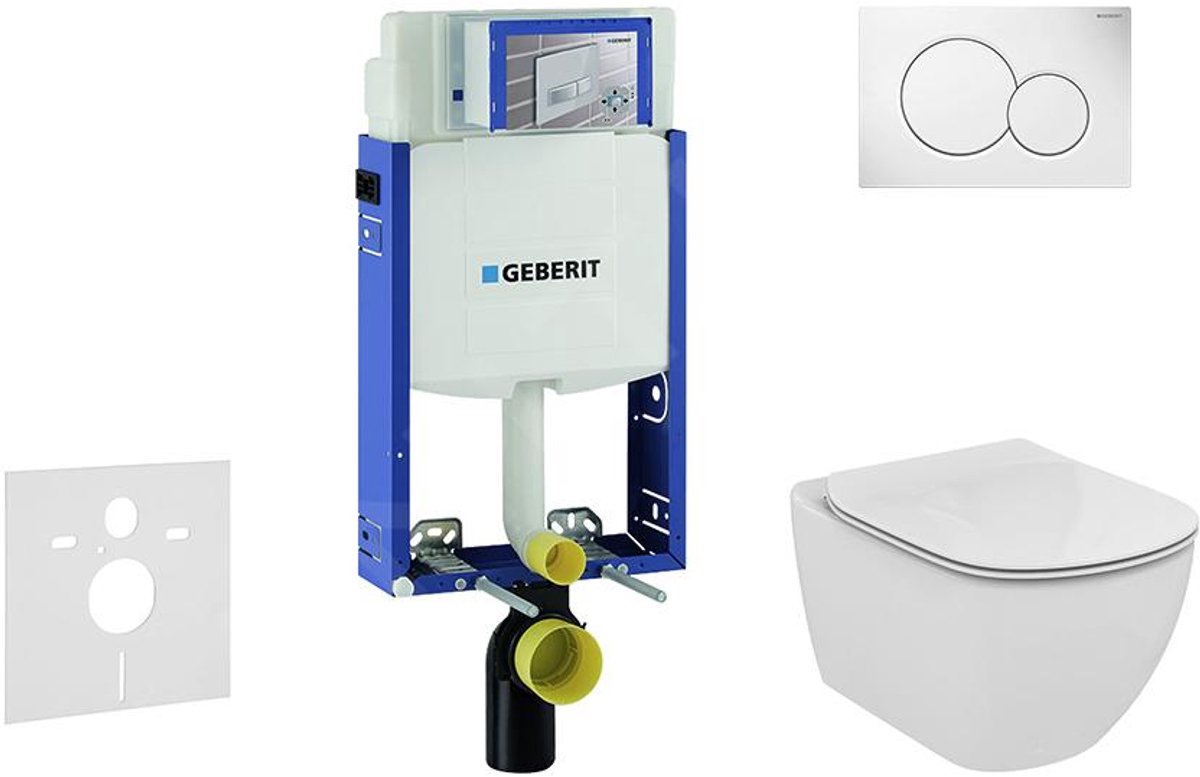 Inbouwreservoir voor hangend toilet met SIGMA01 bedieningsknop, alpine wit + Ideal Standard Tesi - hangend toilet en wc-bril, Aquablade, SoftClose
