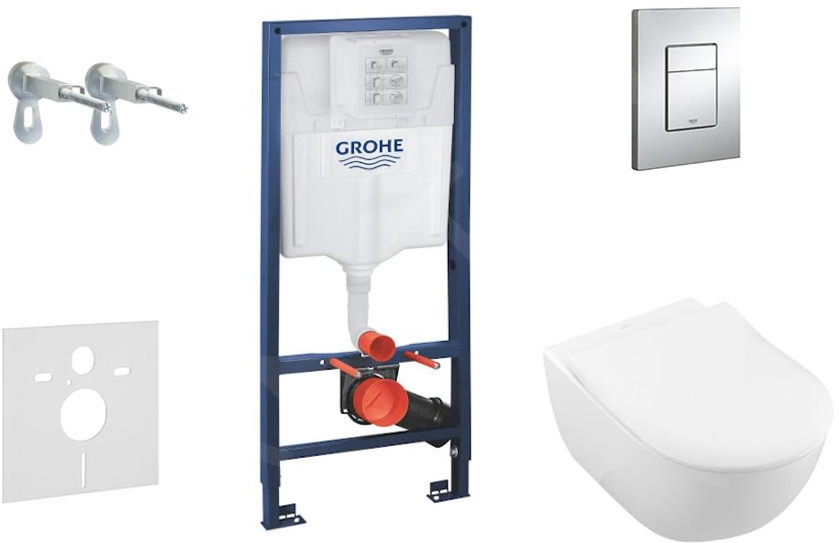 Complete toiletset, wand-wc + Subway toiletzitting, Direct Flush, Softclose, Ceramic Plus + bedieningsplaat Skate Cosmo, chroom