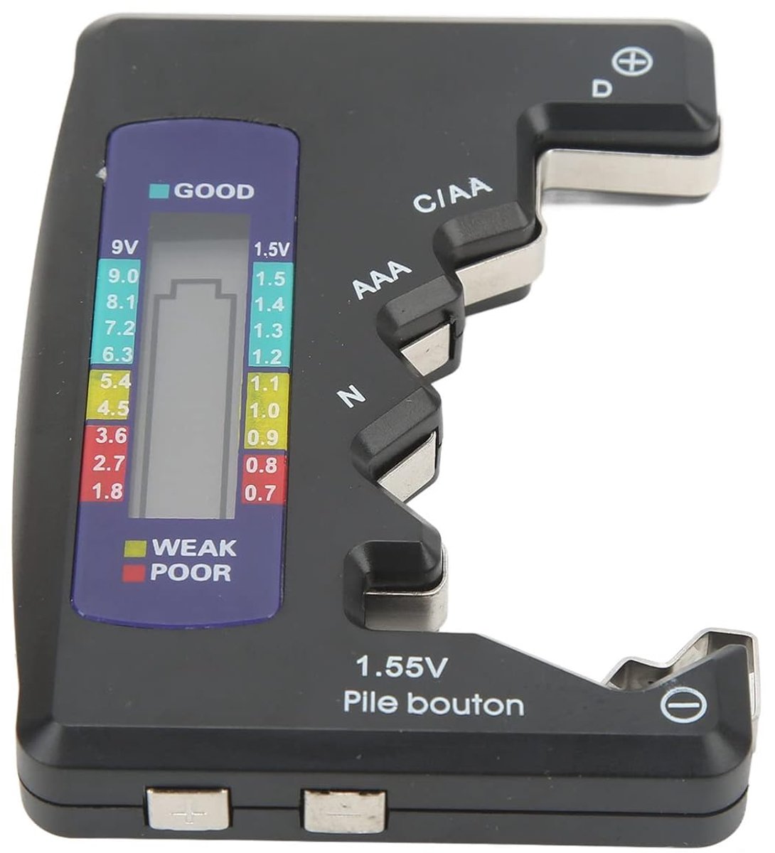 Batterijcapaciteitsmeter Tester LCD-scherm Universeel D C N AAA AA 9V 1,5V Knoopcelbatterijanalysator Ondersteuning Check Carbon Zinc Alkaline en Oplaadbare Batterijen (zwart)