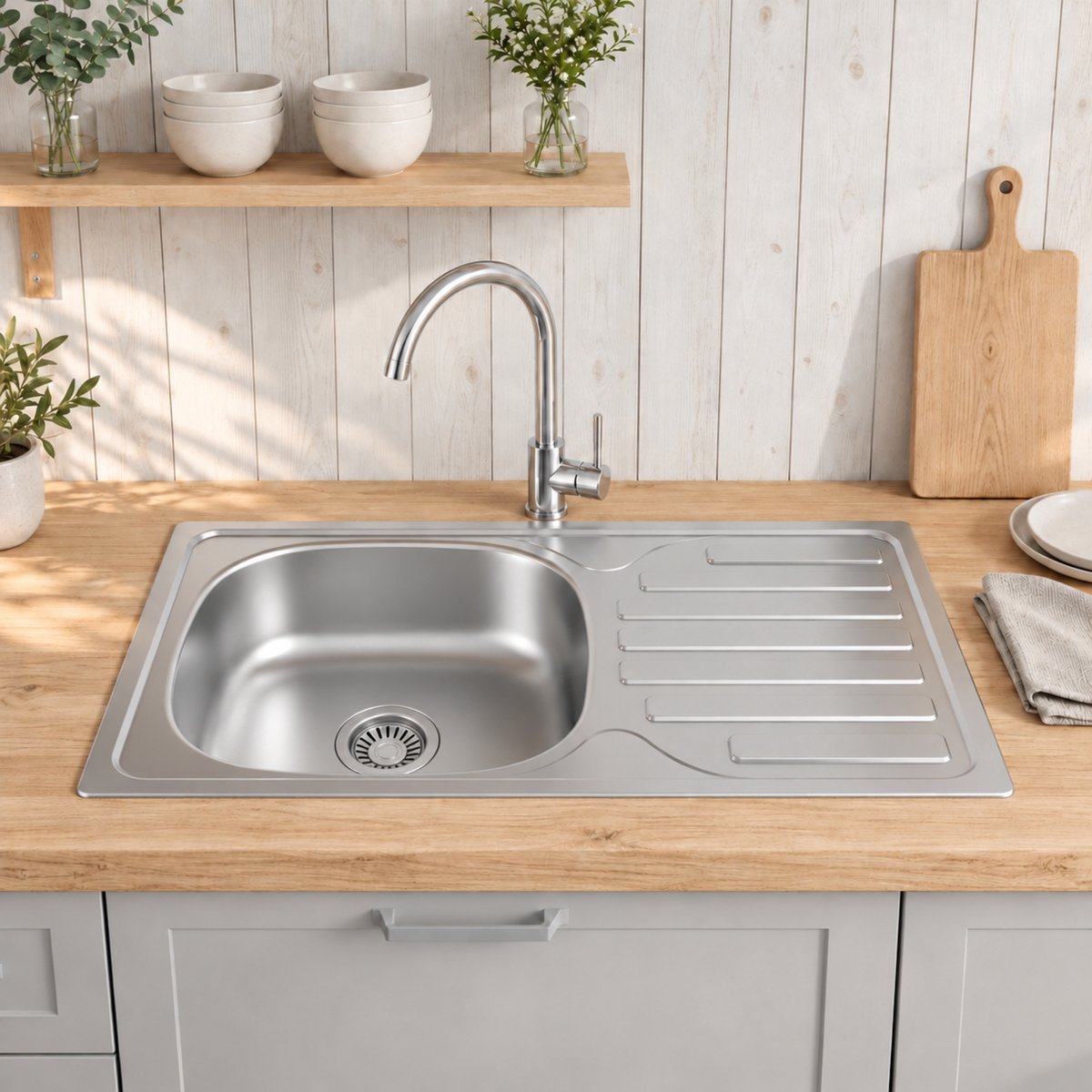 FAIZEE HOME RVS Spoelbak Keuken – Inbouwspoelbak Zilver – Diverse Maten en Modellen 76x43,5 cm Met kraan
