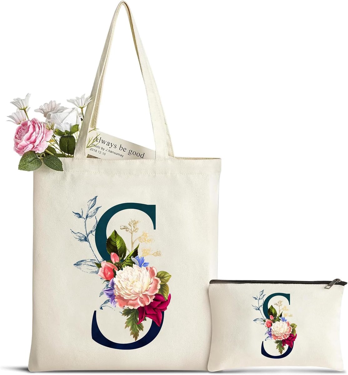 dames draagtas met initiaal bloem, gepersonaliseerde canvas tas van katoen, make-uptas, bruidsgeschenken, perfect cadeau voor vriendin, moeders voor verjaardag, bruiloft, reizen, Kerstmis S