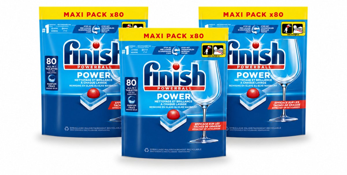 3 x Finish - Vaatwasmiddel - Power All in One Regular - Effectieve Alles-in-1 Reiniging - 80 capsules - Voordeelverpakking - 3 stuks