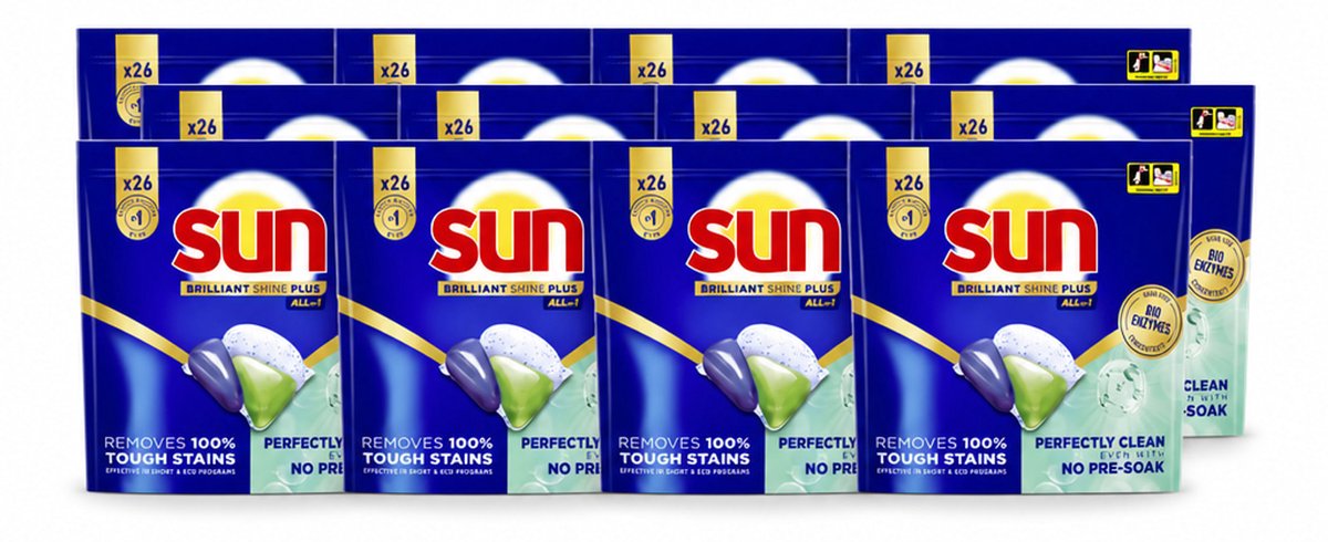 12 x Sun – Vaatwascapsules – Brilliant Shine+ All-in-1 - 26 capsules - Voordeelverpakking - 12 stuks