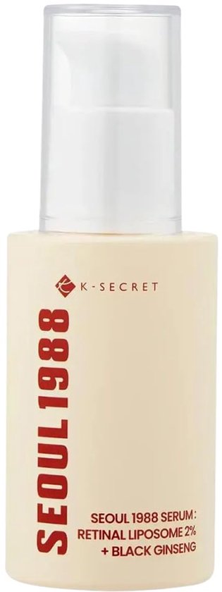 Crèmekleurig pompflesje met 'SEOUL 1988' en 'RETINAL LIPOSOME 2% + BLACK GINSENG' in rode letters.