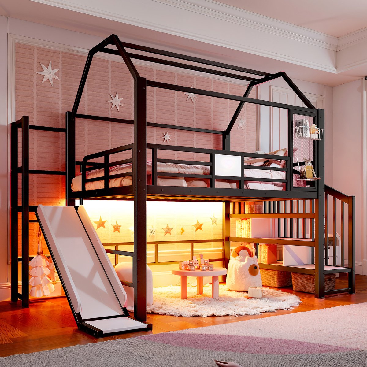 Kinderbed, Zwart metaal hoogslaper huisvorm voor kinderen met glijbaan, trap, opbergruimte & Bluetooth-gestuurde LED-verlichting, getest volgens EN 747, matrasmaat 140 x 200 cm