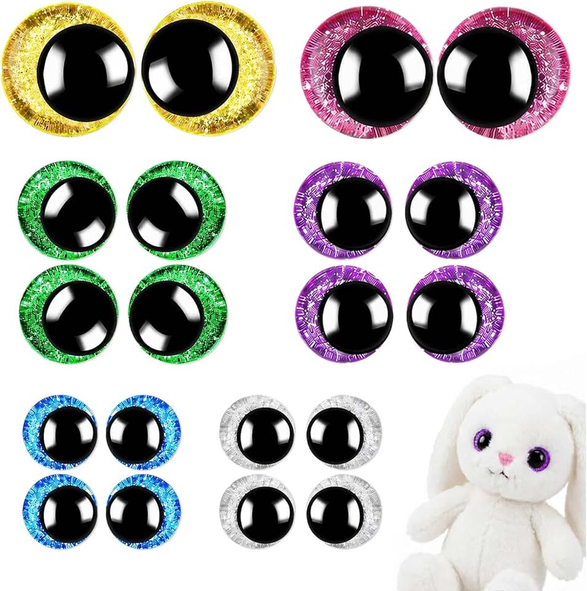 Amigurumi Veiligheidsogen, 20 stuks, 12 mm/18 mm/30 mm, rond, kunststof, Amigurumi-ogen met sluitringen, pluche ogen, haken, voor poppen van pluche dieren, handwerk